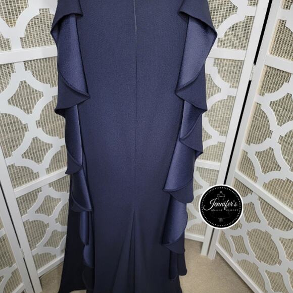 Vince Camuto Navy Blue Embellished Open Ruffle Back Crepe Gown Size 12 - Picture 7 of 16